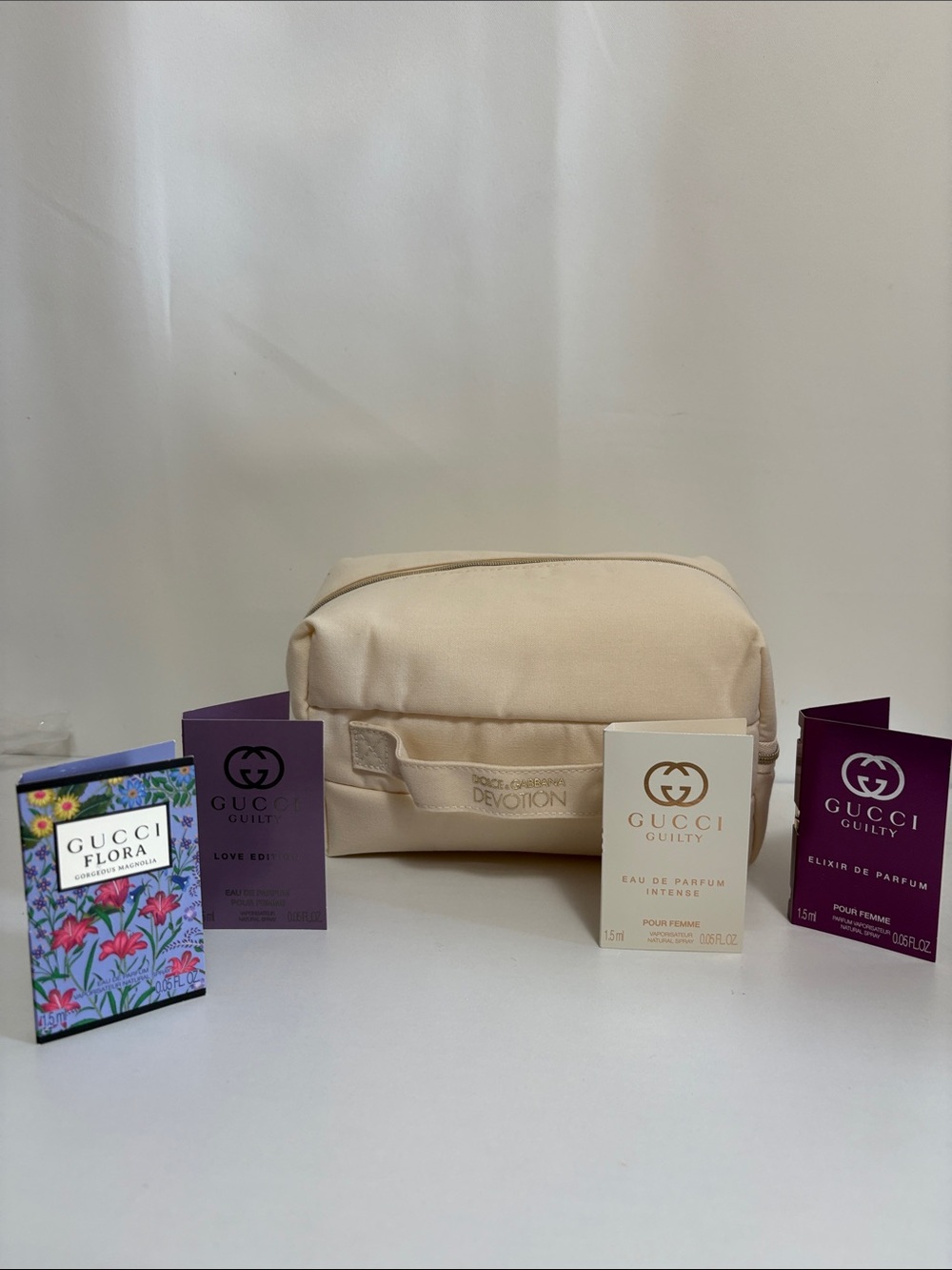 Dolce & Gabbana Devotion Beige Canvas Pouch with Gucci samples